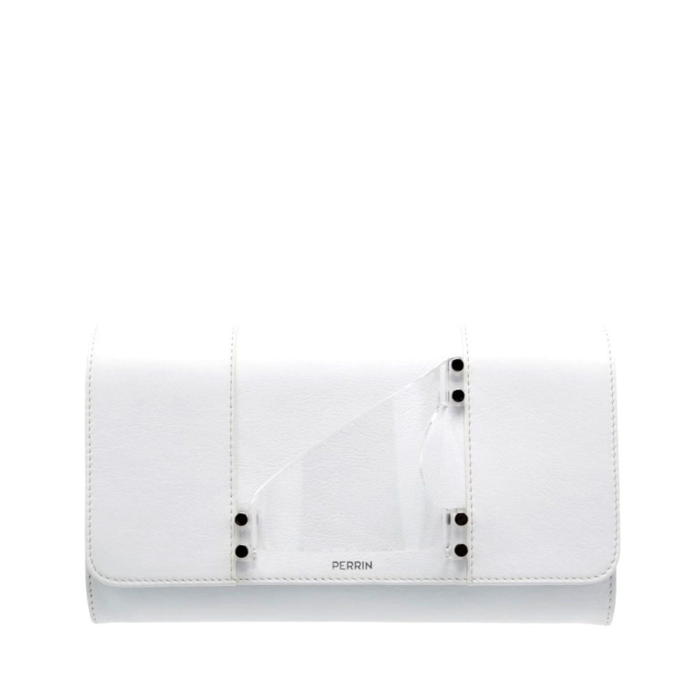 Perrin Paris L'Eiffel White Leather Glove Clutch With Clear Acrylic Hand Piece